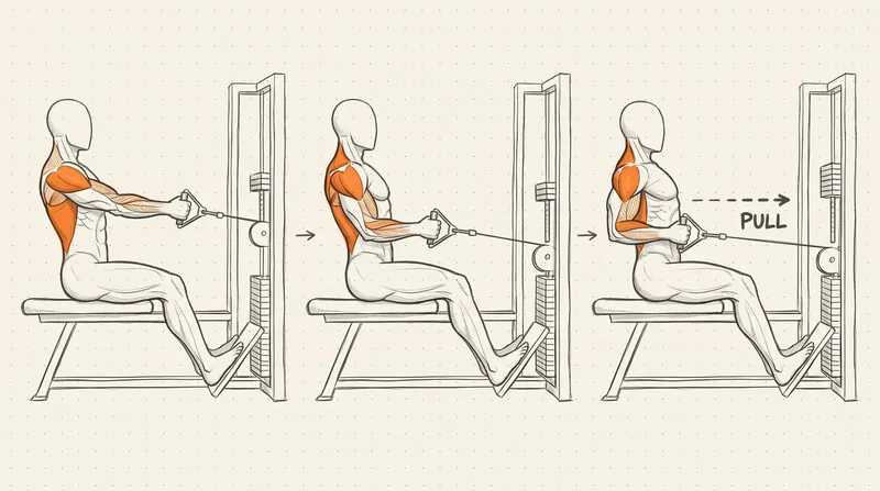 Seated cable row shown in three steps, working muscles in orange