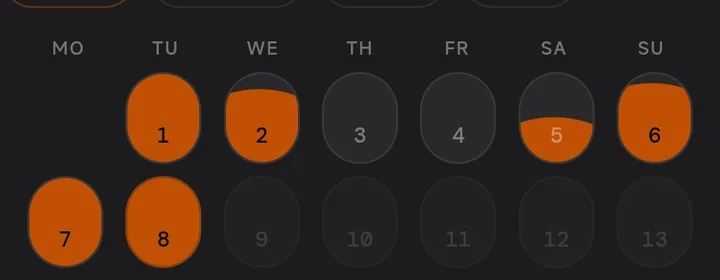 Streak calendar in Flawless — each day fills as you get closer to your goal