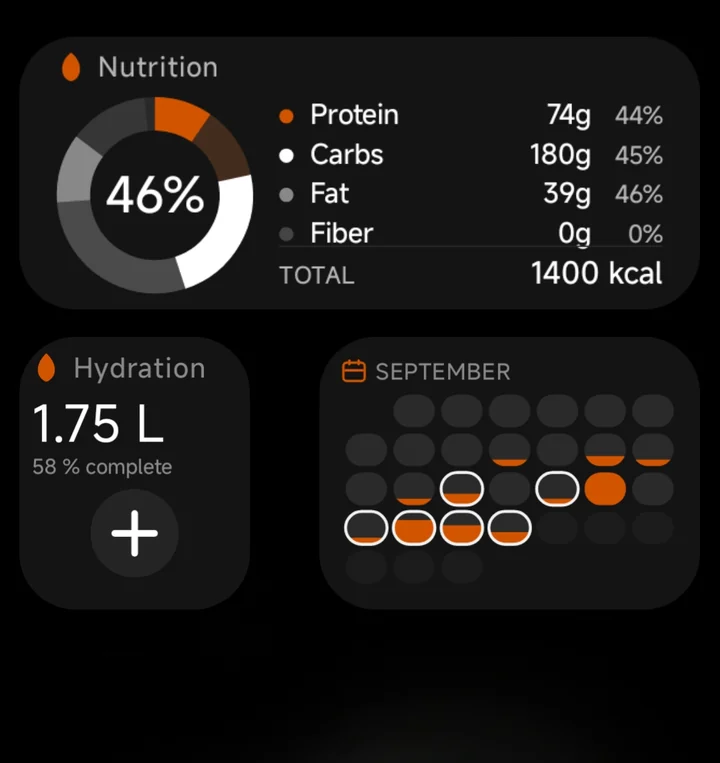 Flawless nutrition, hydration and calendar widgets on an Android home screen