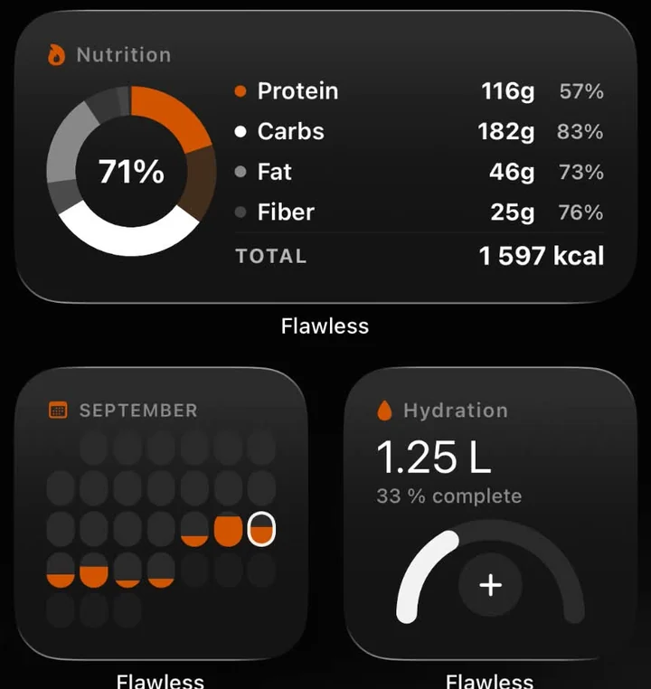 Flawless nutrition, calendar and hydration widgets on an iPhone home screen